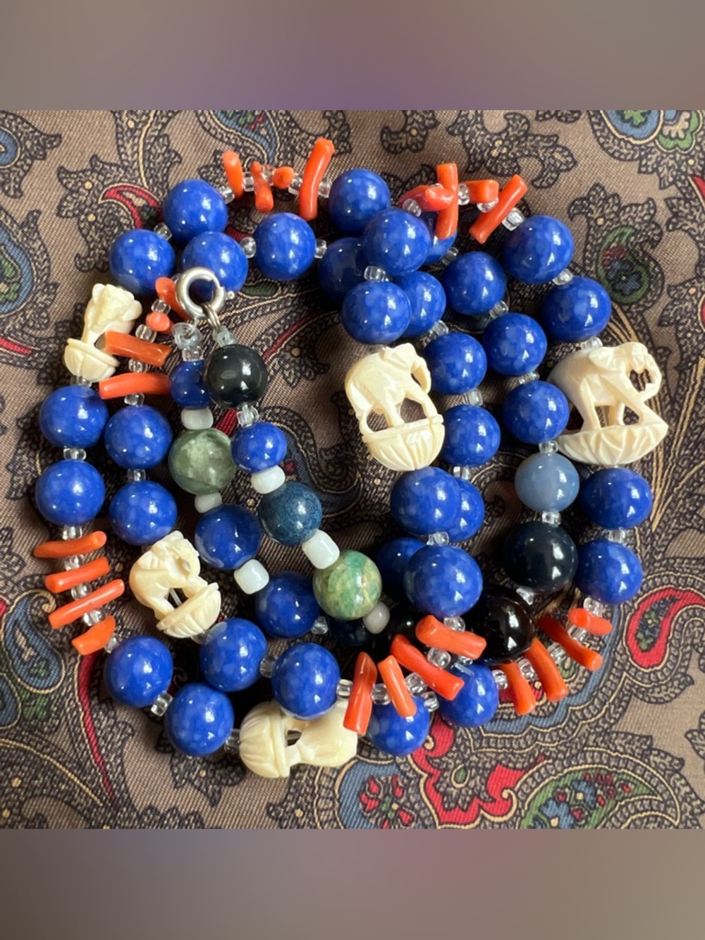 27” Blue Stone Beaded Necklace Carve Bone Elephant Coral Accents Boho Resortwear